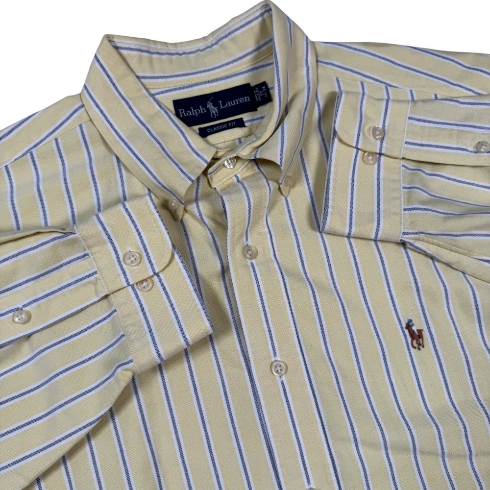 Ralph Lauren Button Shirt 17 34/35 Yellow Stripe Classic Fit Oxford Flesh Pony